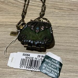 Vintage 1928 Green Enamel Purse Pendant  Multicolor Rhinestone Necklace 28” NWT